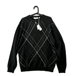 NWT Adolfo Sweater Mens L Black Cotton Crewneck Knit Pullover Diamond‎ Print